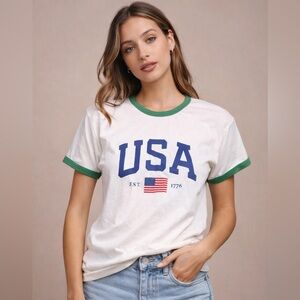 Oat Collective USA Graphic T Shirt XL White Ringer Tee Green Trim Flag 1776
